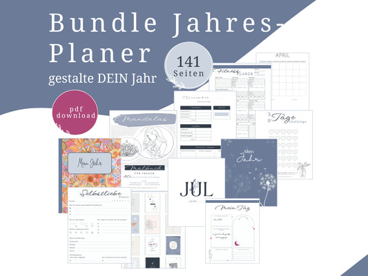 Selbstfürsorge Planer Set, Jahresplaner Bundle mit 141 Seiten zum ausdrucken inkl. u.a. Affirmationskarten Erwachsene, Mandala Malvorlagen