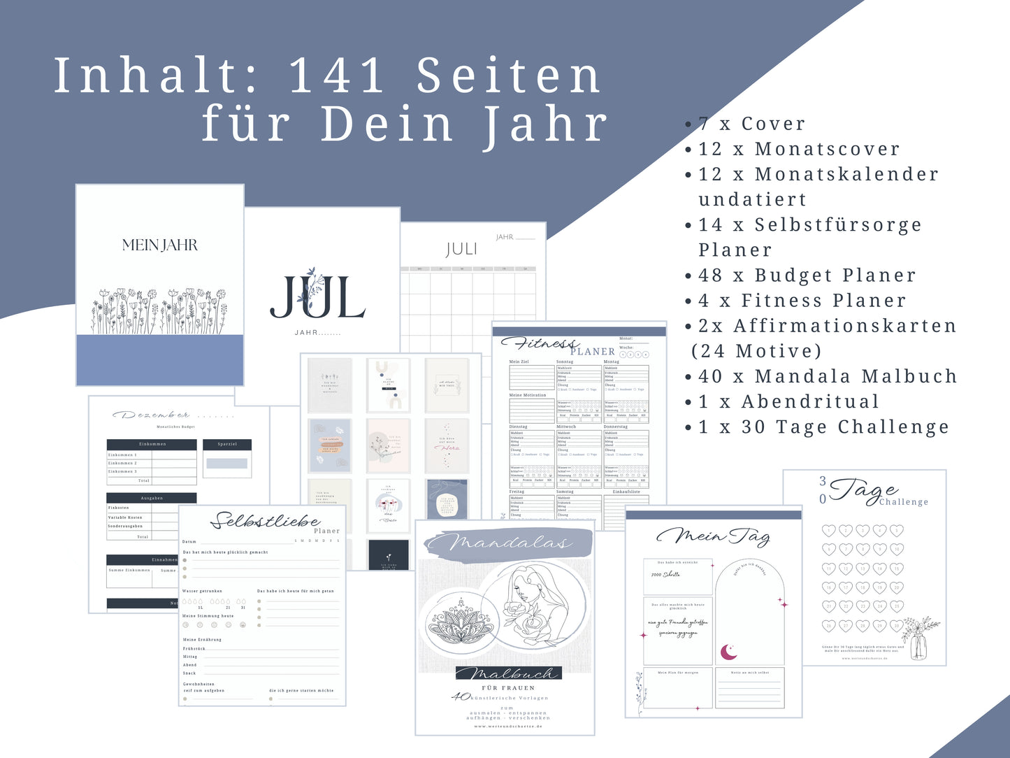 Selbstfürsorge Planer Set, Jahresplaner Bundle mit 141 Seiten zum ausdrucken inkl. u.a. Affirmationskarten Erwachsene, Mandala Malvorlagen