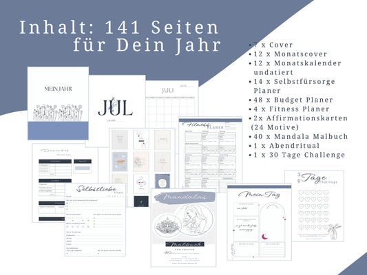 Selbstfürsorge Planer Set, Jahresplaner Bundle mit 141 Seiten zum ausdrucken inkl. u.a. Affirmationskarten Erwachsene, Mandala Malvorlagen