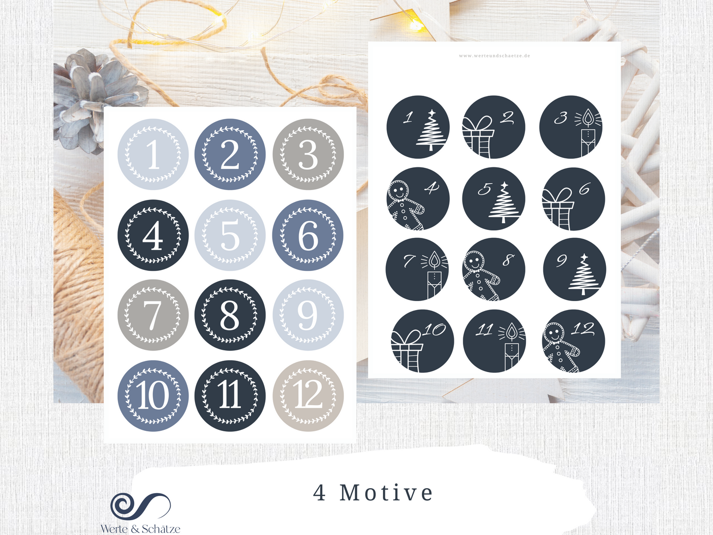 Adventskalender Zahlen zum ausdrucken | pdf Zahlen 1 – 24 zum ausdrucken | für DIY Adventskalender | 4 Motive | Zahlen für Adventskalender
