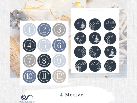 Adventskalender Zahlen zum ausdrucken | pdf Zahlen 1 – 24 zum ausdrucken | für DIY Adventskalender | 4 Motive | Zahlen für Adventskalender