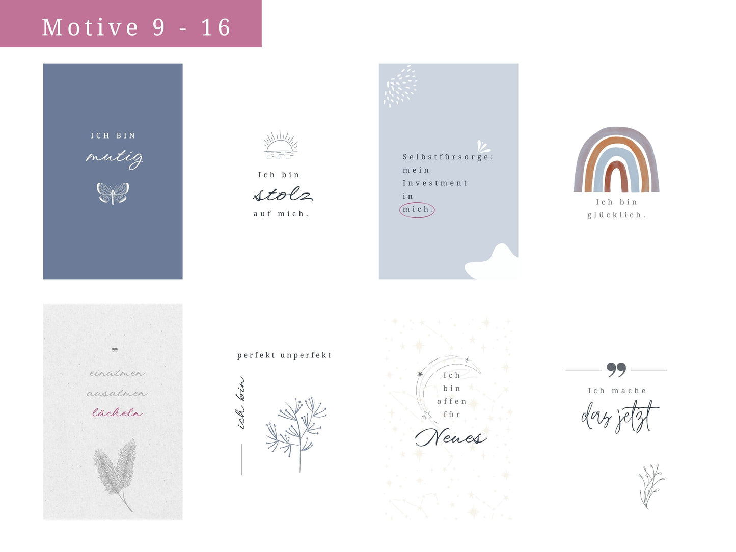 Feminine Affirmationskarten Erwachsene | Set 24 MotiveSet 24 Motive für Achtsamkeit, Selbstsicherheit, optional mit Beutel, Aufsteller | Mutmachkarten