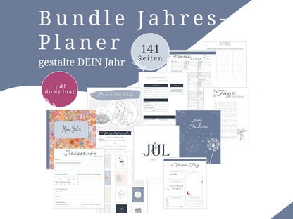 Selbstfürsorge Planer Set, Jahresplaner Bundle mit 141 Seiten zum ausdrucken inkl. u.a. Affirmationskarten Erwachsene, Mandala Malvorlagen