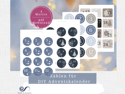 Adventskalender Zahlen zum ausdrucken | pdf Zahlen 1 – 24 zum ausdrucken | für DIY Adventskalender | 4 Motive | Zahlen für Adventskalender