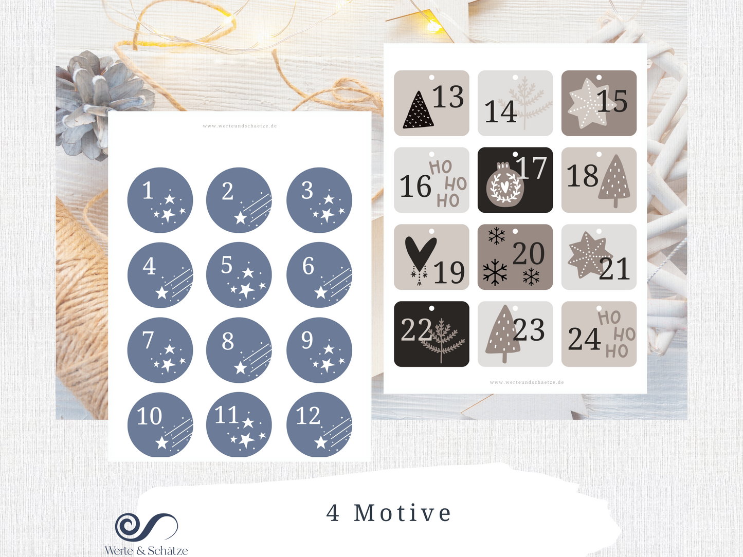 Adventskalender Zahlen zum ausdrucken | pdf Zahlen 1 – 24 zum ausdrucken | für DIY Adventskalender | 4 Motive | Zahlen für Adventskalender