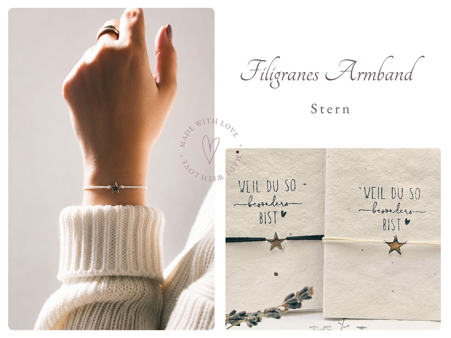 Filigranes Armband | Freundschaftsarmband | Schmuck Geschenk mit Edelstahlanhänger | Stern