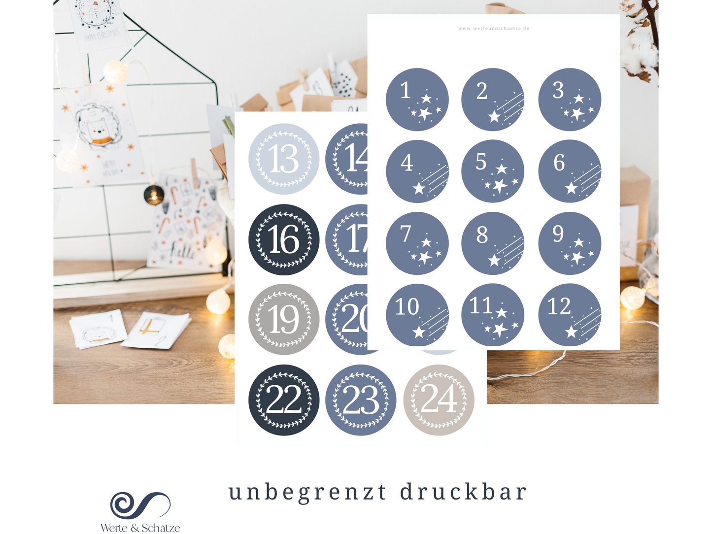 Adventskalender Zahlen zum ausdrucken | pdf Zahlen 1 – 24 zum ausdrucken | für DIY Adventskalender | 4 Motive | Zahlen für Adventskalender