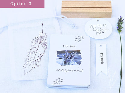 Feminine Affirmationskarten Erwachsene | Set 24 MotiveSet 24 Motive für Achtsamkeit, Selbstsicherheit, optional mit Beutel, Aufsteller | Mutmachkarten