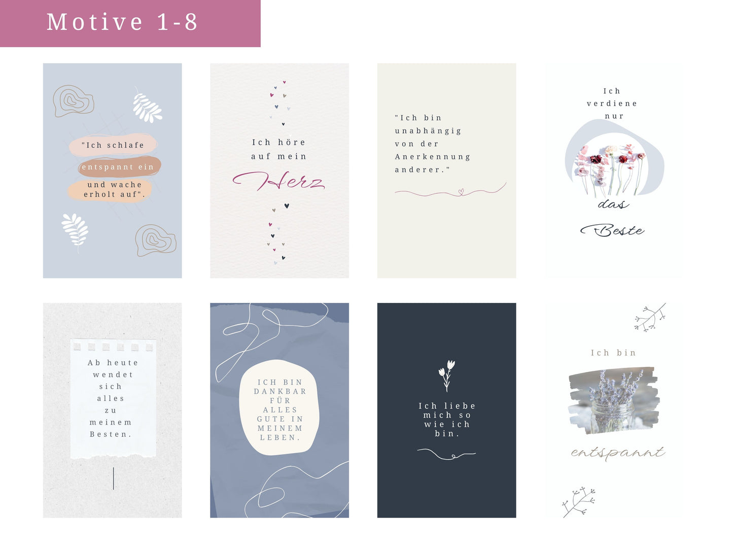Feminine Affirmationskarten Erwachsene | Set 24 MotiveSet 24 Motive für Achtsamkeit, Selbstsicherheit, optional mit Beutel, Aufsteller | Mutmachkarten