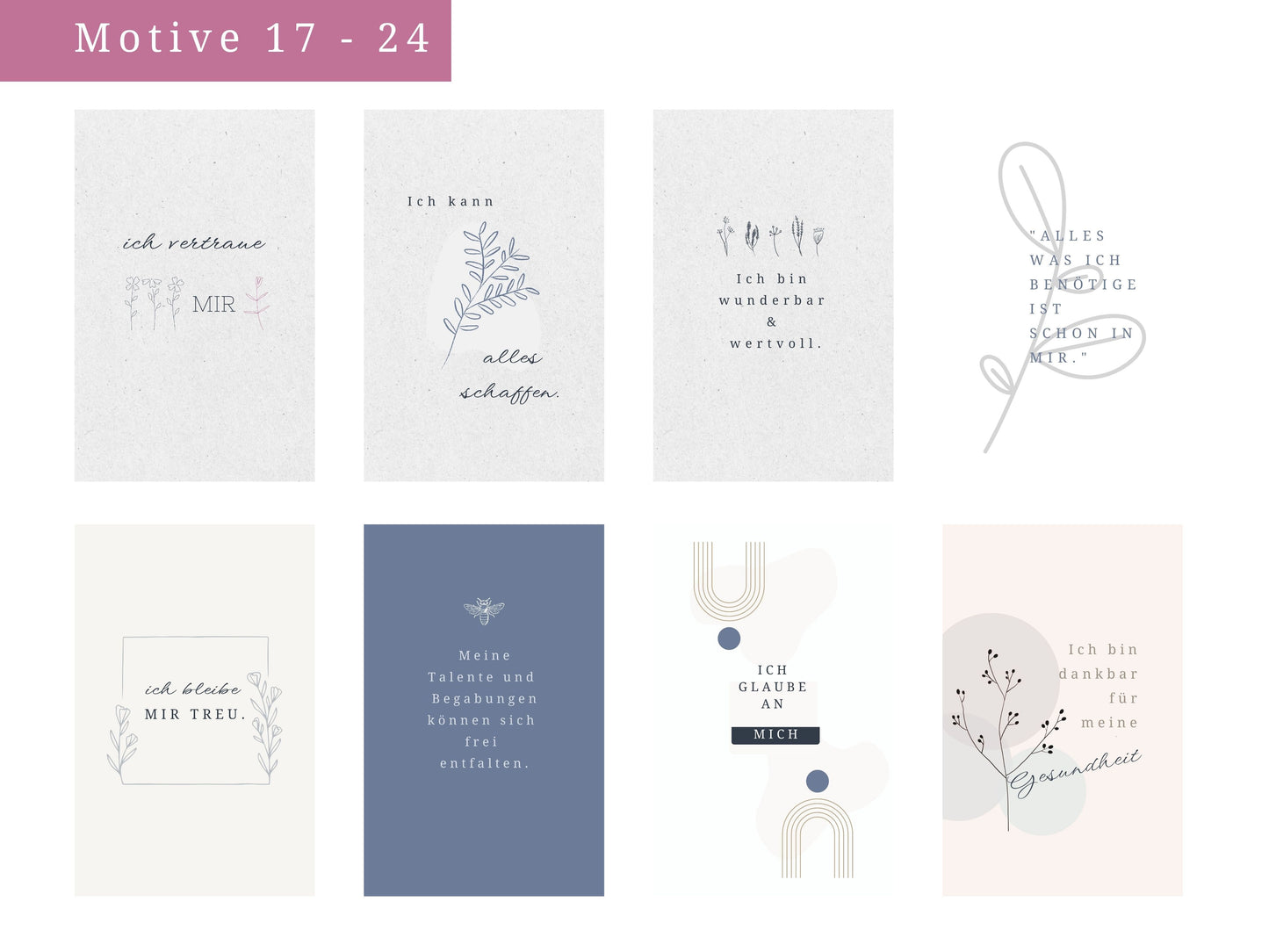 Feminine Affirmationskarten Erwachsene | Set 24 MotiveSet 24 Motive für Achtsamkeit, Selbstsicherheit, optional mit Beutel, Aufsteller | Mutmachkarten