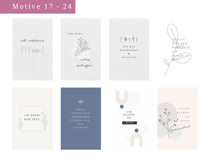 Feminine Affirmationskarten Erwachsene | Set 24 MotiveSet 24 Motive für Achtsamkeit, Selbstsicherheit, optional mit Beutel, Aufsteller | Mutmachkarten