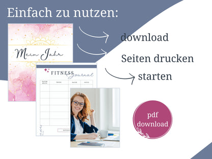 Selbstfürsorge Planer Set, Jahresplaner Bundle mit 141 Seiten zum ausdrucken inkl. u.a. Affirmationskarten Erwachsene, Mandala Malvorlagen